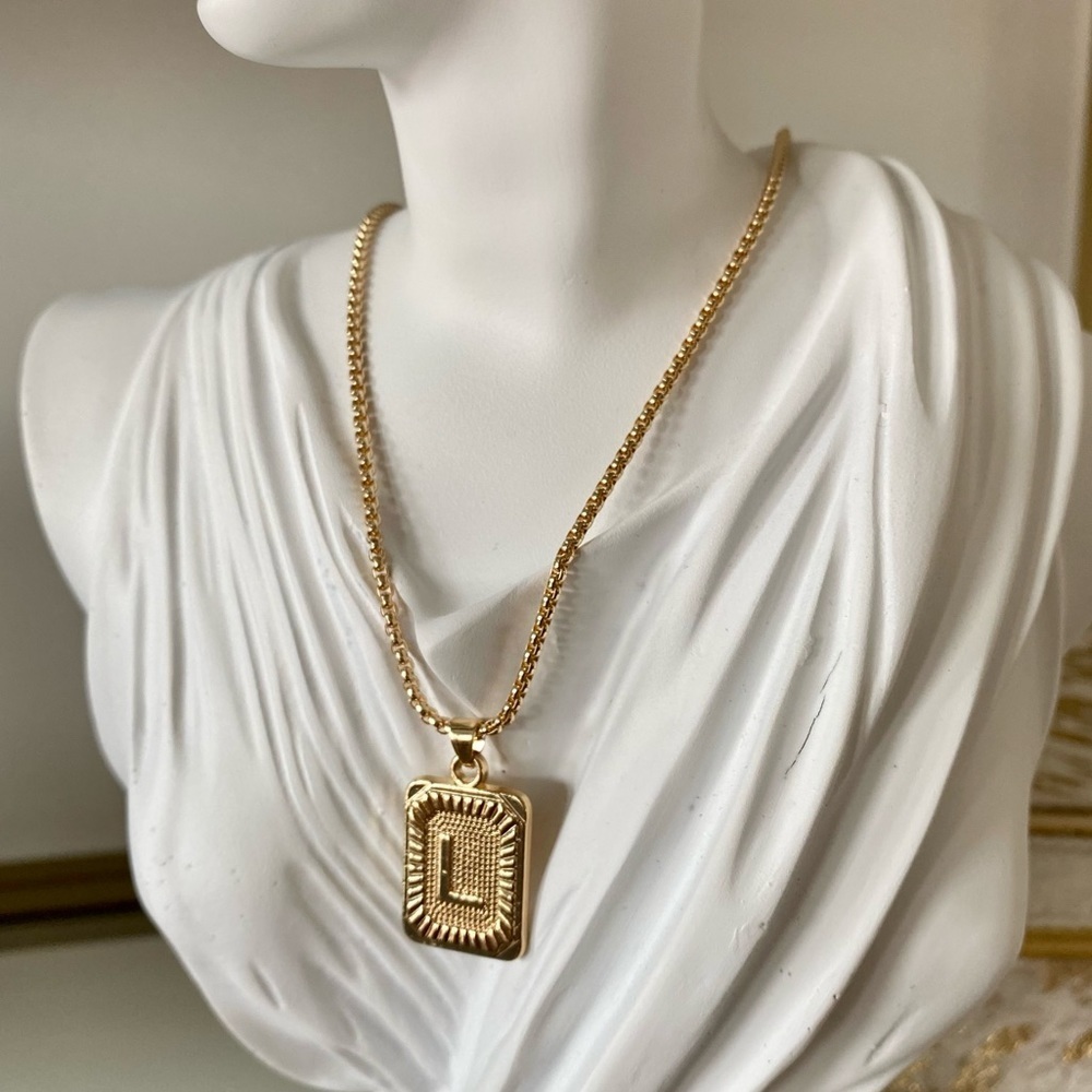Gold Initial Necklace Letter Chainlink Card Tablet Greek Key Style L